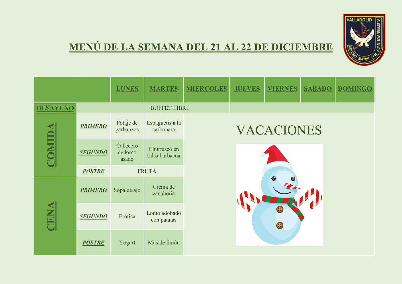 Menu del 21 al 22 de Diciembre