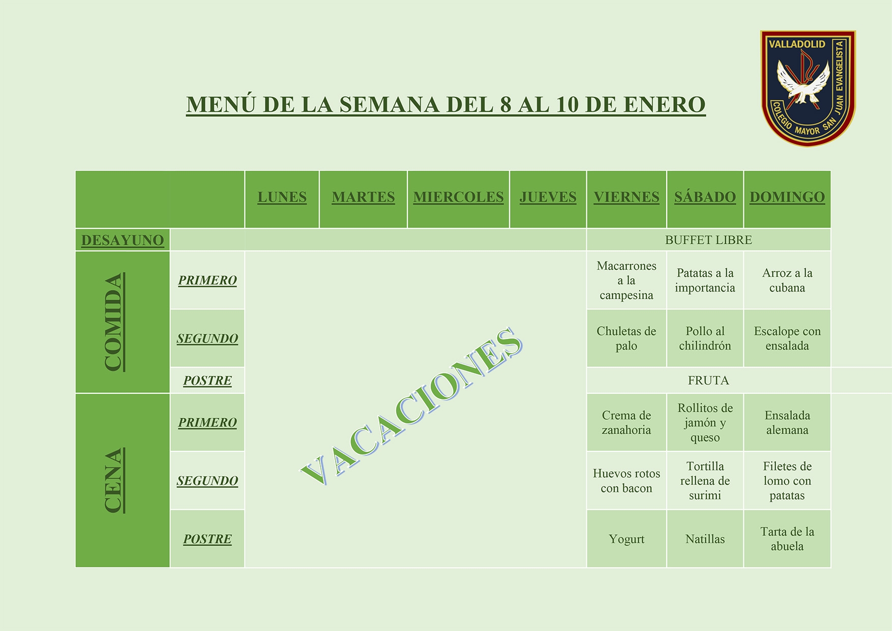 Menu del 8 al 10 de Enero