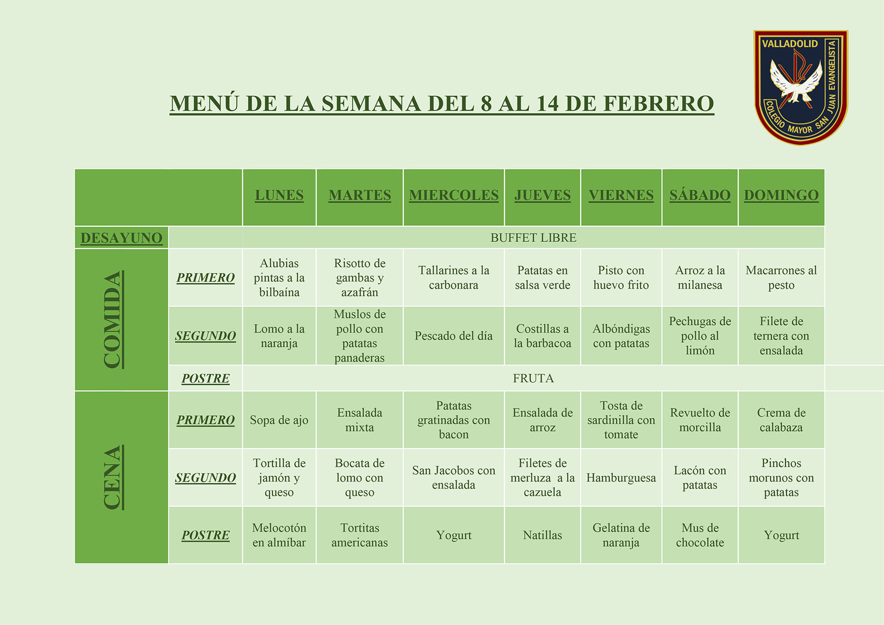 Menu del 8 al 14 de Febrero